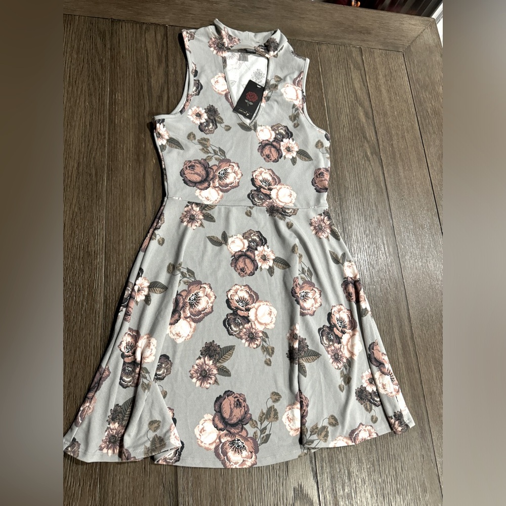 Grey floral stretchy cut out high neck dress size M